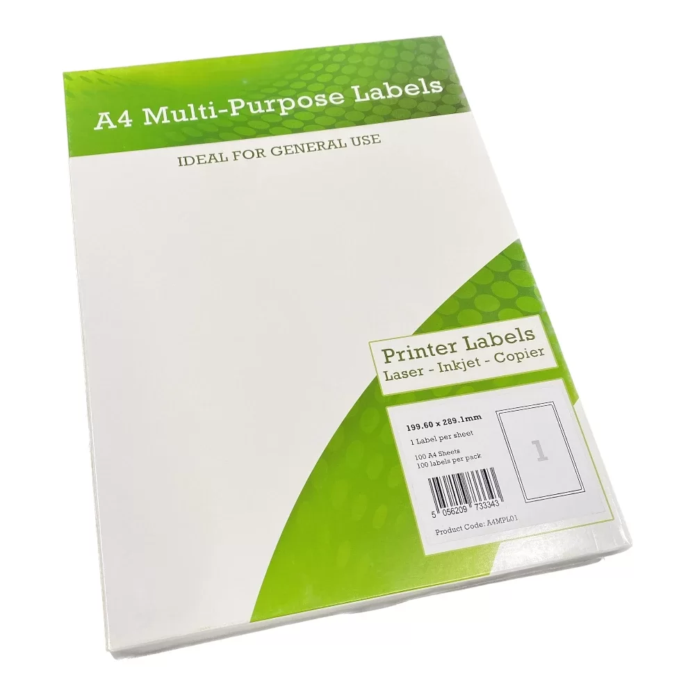 A4 Multipurpose Labels 1 Per Sheet 199.6 x 289mm (White) Pk of 100