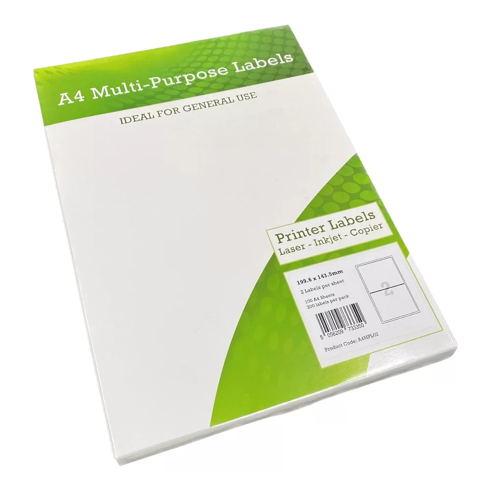 A4 Multipurpose Labels 2 Per Sheet 199.6 x 143.5mm (White) Pk of 100