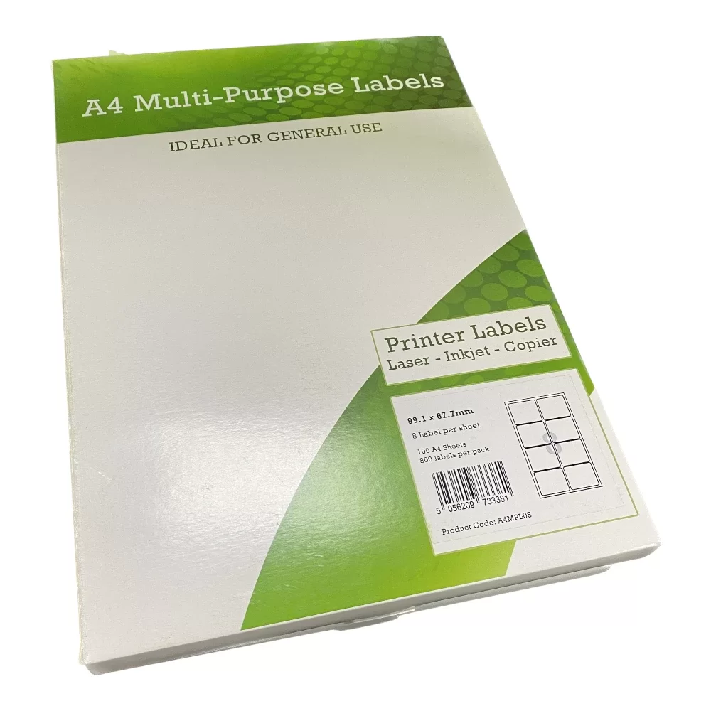 A4 Multipurpose Labels 8 Per Sheet 99.1 x 67.7mm (White) Pk of 100