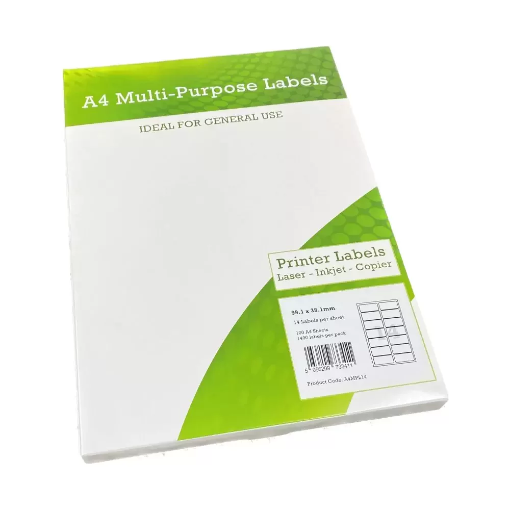 A4 Multipurpose Labels 14 Per Sheet 99.1 x 38.1mm (White) Pk of 100