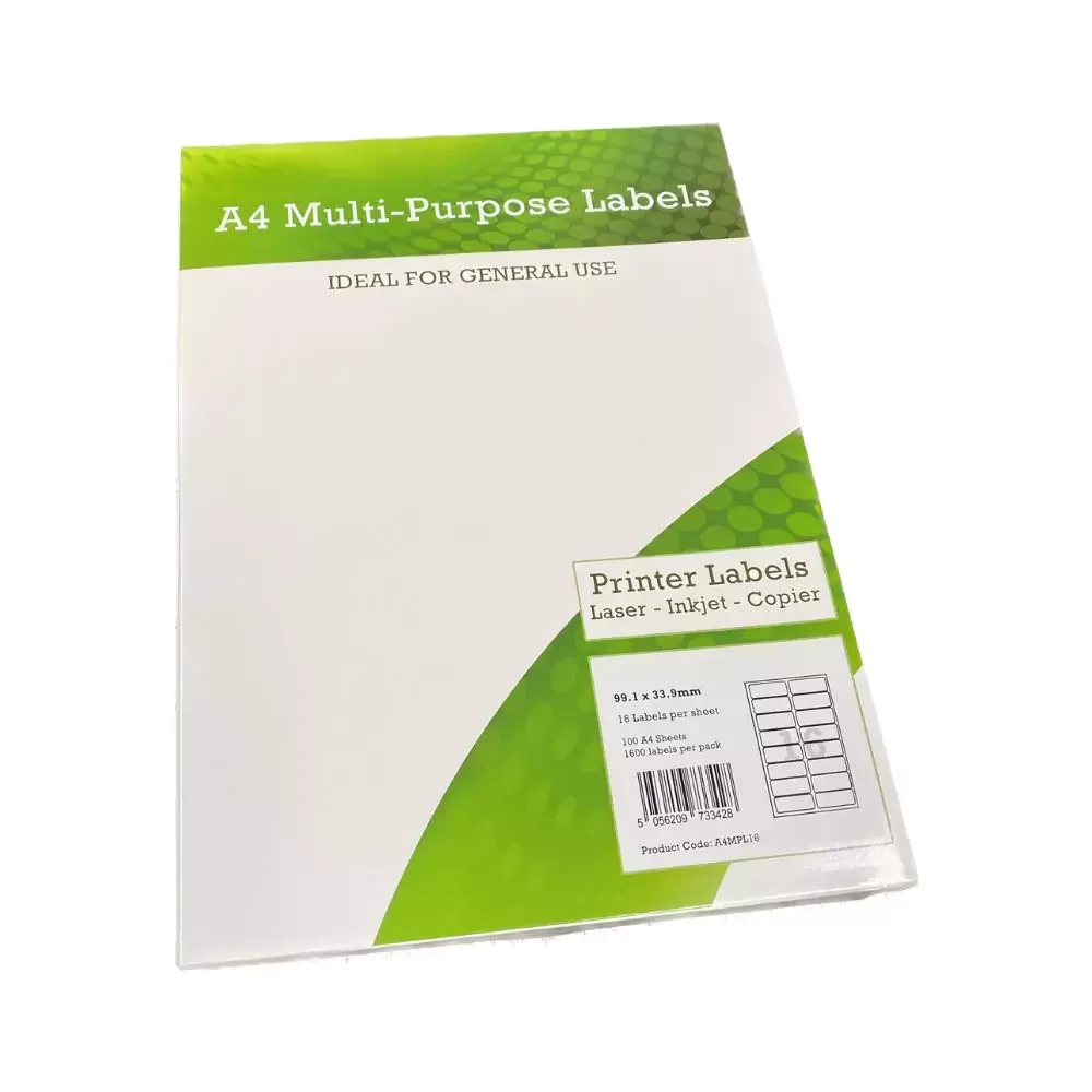 A4 Multipurpose Labels 16 Per Sheet 99.1 x 33.9mm (White) Pk of 100