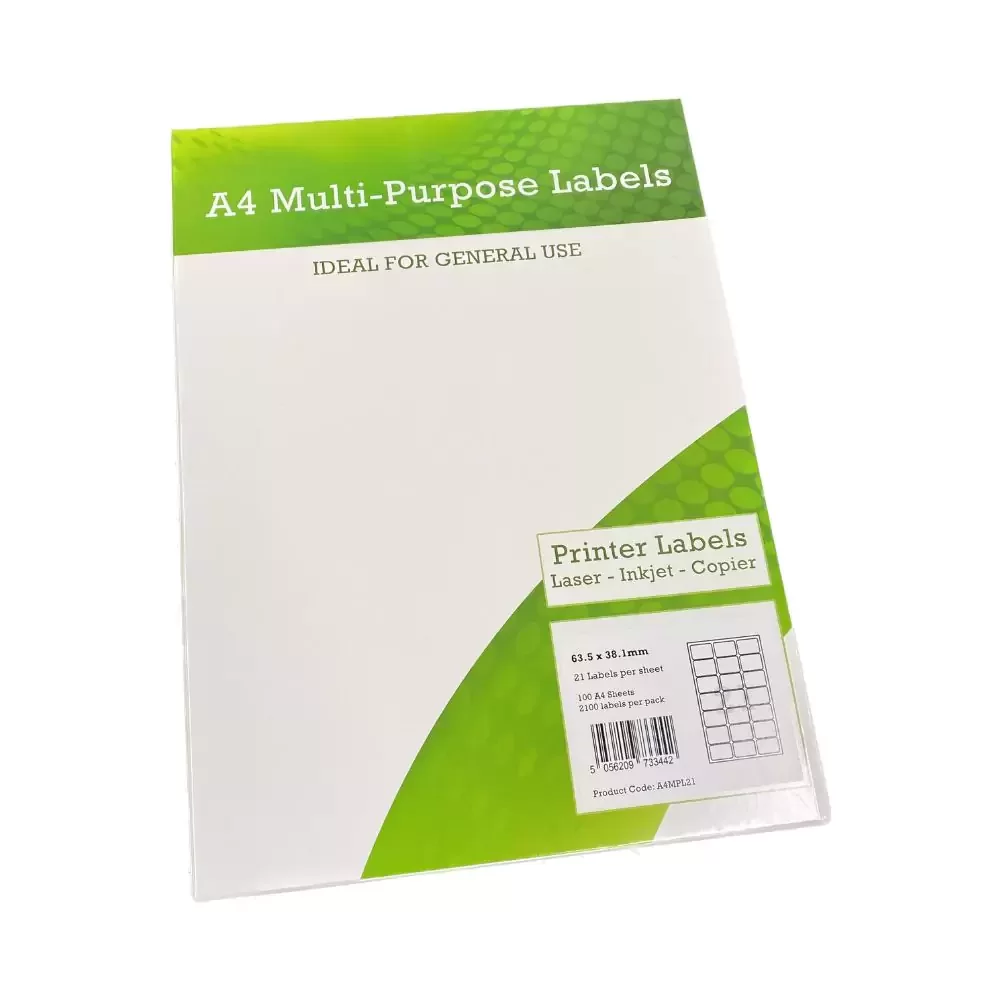A4 Multipurpose Labels 21 Per Sheet 63.5 x 38mm (White) Pk of 100