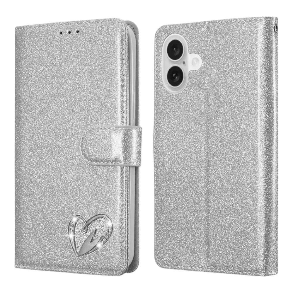 Shiny Leather Glitter Book Case for iPhone 16 Plus