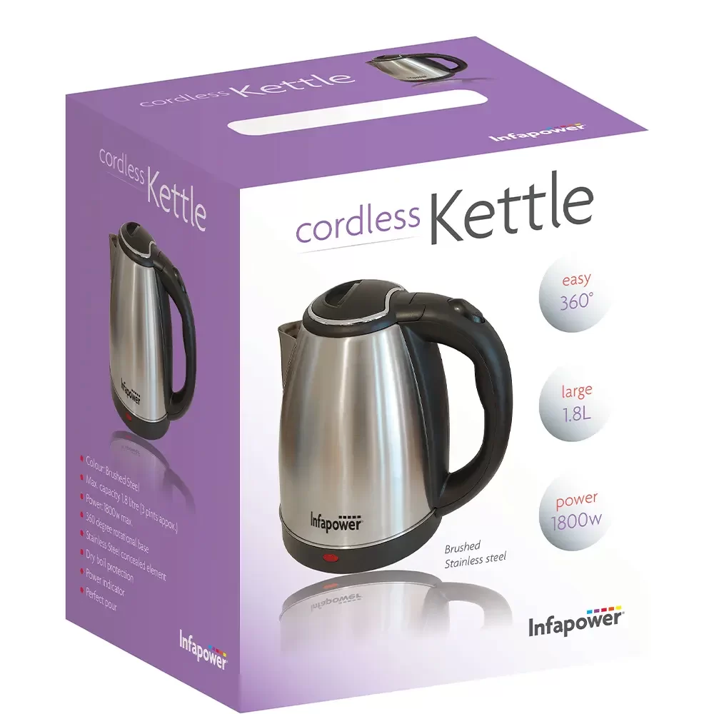 Infapower Brushed Stainless Steel Cordless Kettle 1800W 1.8L