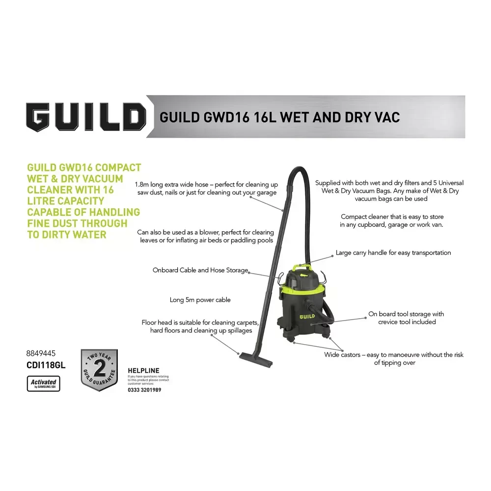 Guild 16 Litre Wet and Dry Vacuum Cleaner - 1300W