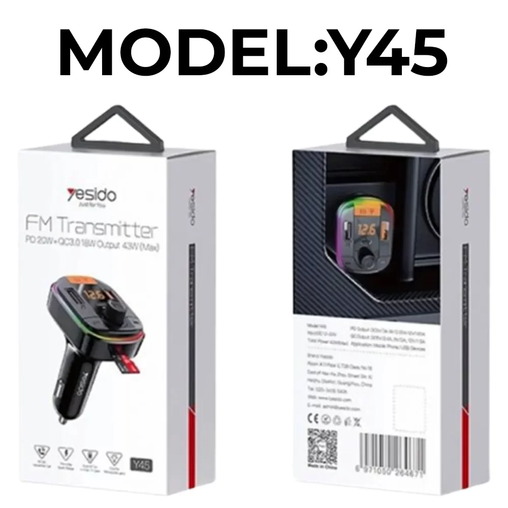 YESIDO Y45 FM Transmitter with Bluetooth and Fast Charging