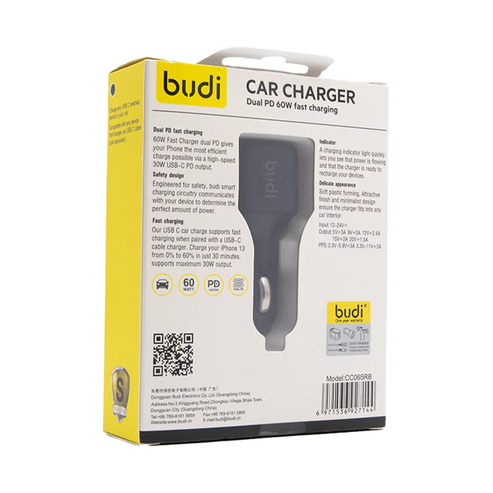Budi Car Charger Dual PD 60W fast charging CC065RB