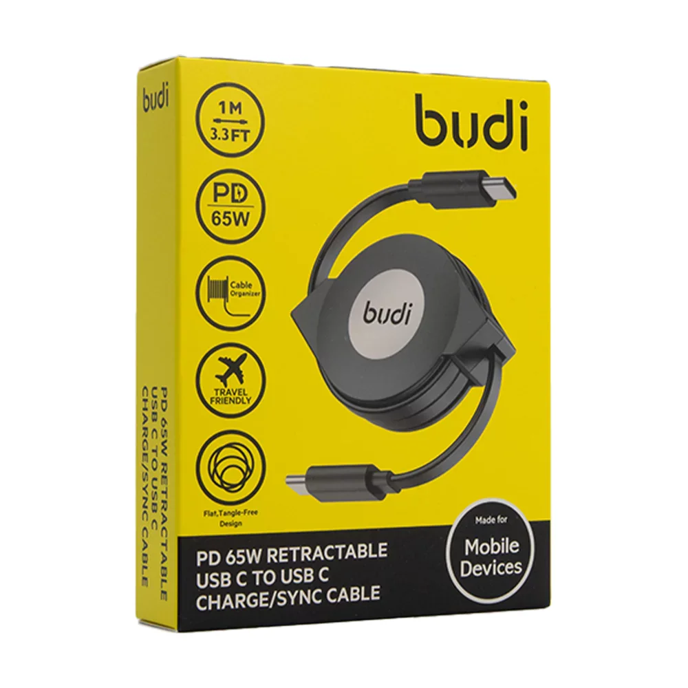 Budi PD 65W Retractable USB C to USB C Charge/Sync Cable