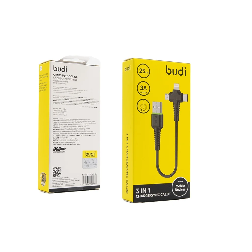 Budi 3 in 1 Charge/Sync Cable 25cm - DC150+025B