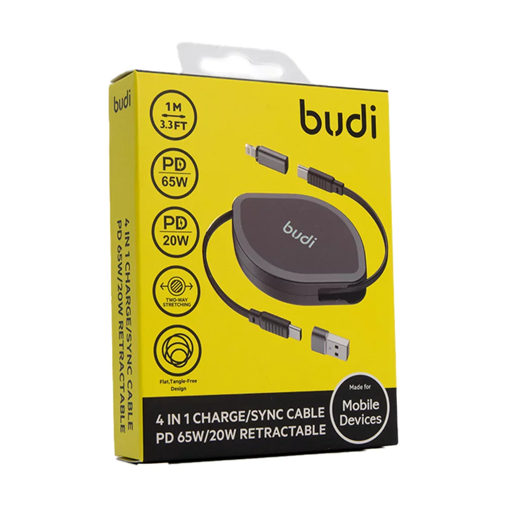 Budi 4 in 1 Charge/Sync Cable PD 65W/20W Retractable